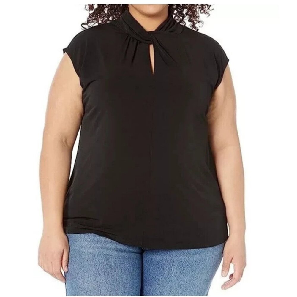 Michael Kors Women's Plus Size Twist Neck Sleeveless Top, Black, 0X